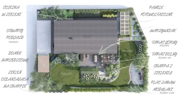 Projekt ogrodu z domem, tarasami, placem zabaw i zielenią. Idealny plan, jak urządzić ogród marzeń.