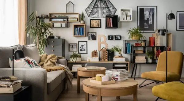 Nowoczesne półki na ścianę inspiracje: salon z szarą kanapą, drewnianymi stolikami i żółtym fotelem.