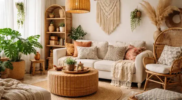 Przytulne wnętrza boho inspiracje: pleciony stolik, sofa z poduszkami, wiklinowe meble i mnóstwo zieleni tworzą relaksującą atmosferę.