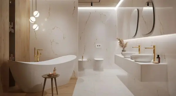Nowe białe łazienki cudo. Wolnostojąca wanna, złote baterie i eleganckie płytki z żyłkami marmuru tworzą luksusową oazę.