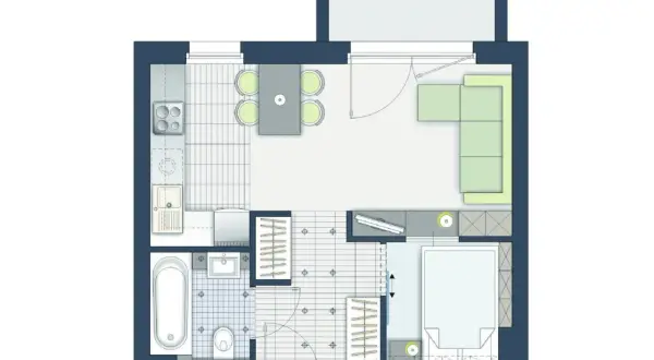 Projekt funkcjonalnego mieszkania 30m2: aneks kuchenny, salon z kanapą, sypialnia, łazienka z wanną i balkon.