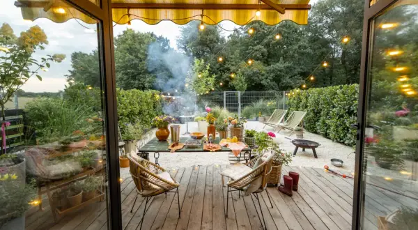 Przytulny projekt domu z tarasem, gdzie grill i kwiaty tworzą atmosferę letniego wieczoru.