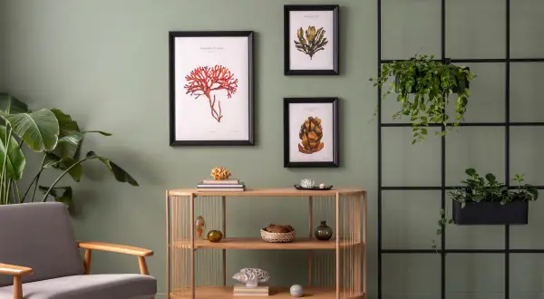 Zieleń ścian i subtelne dekoracje tworzą inspirację dla modnych kolorów farb do pokoju.