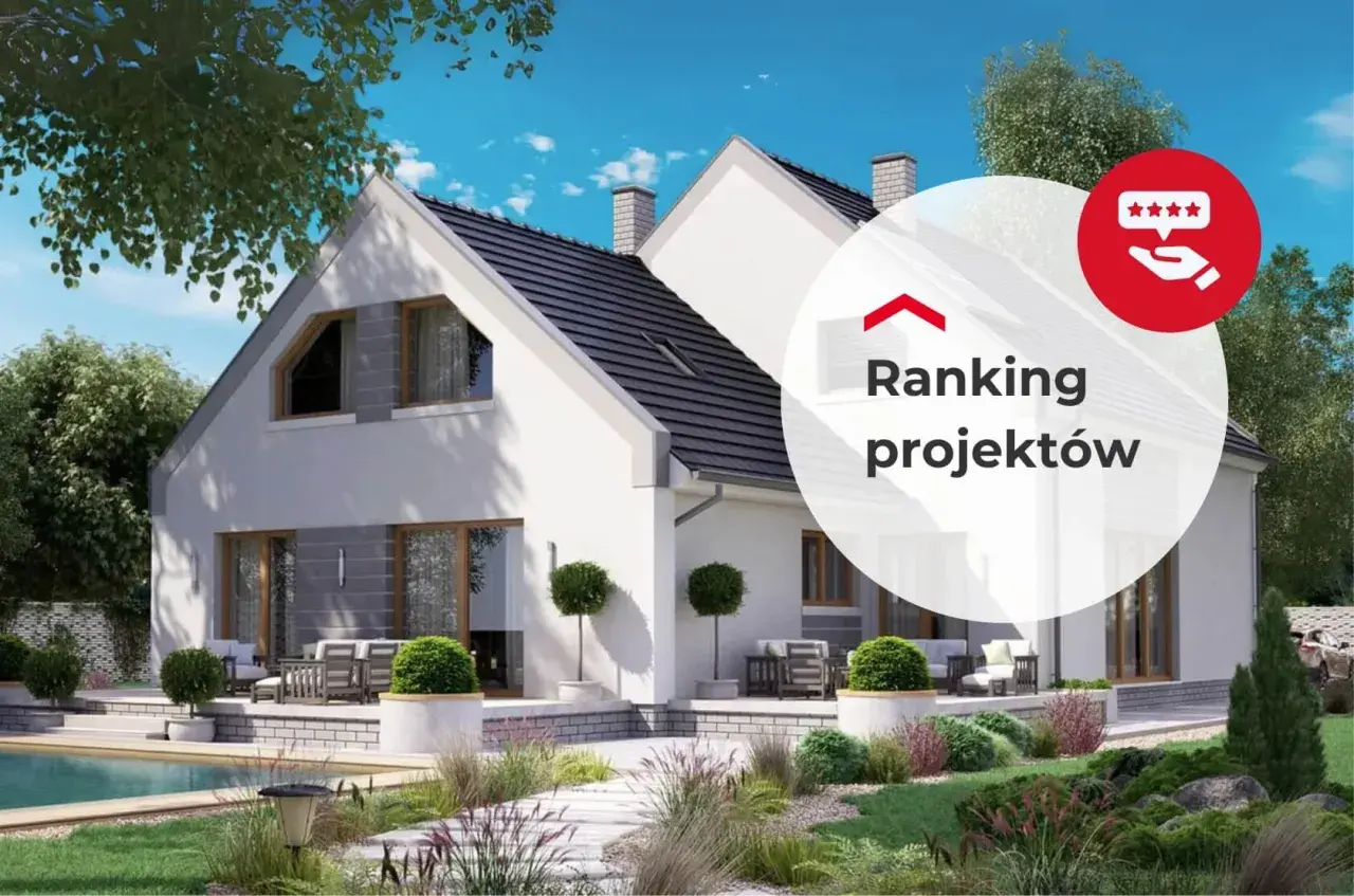 Nowoczesny dom wielopokoleniowy z basenem i zadbanym ogrodem. W tle okrągły element z napisem "Ranking projektów" i ikonką gwiazdek.