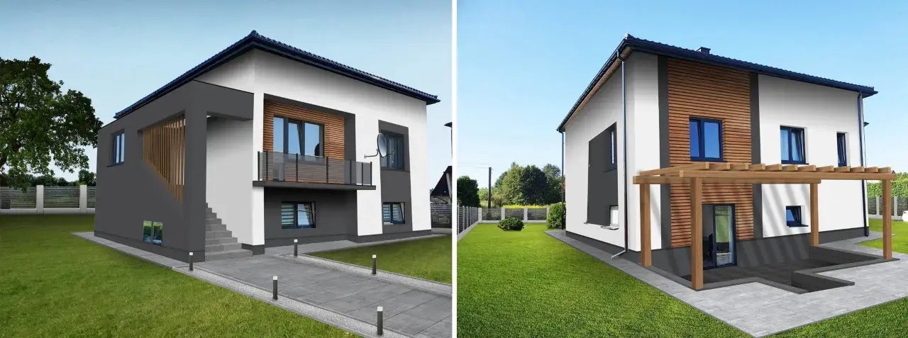Nowoczesne elewacje z drewnianymi akcentami i szarymi detalami, tworzące elegancki design domu.