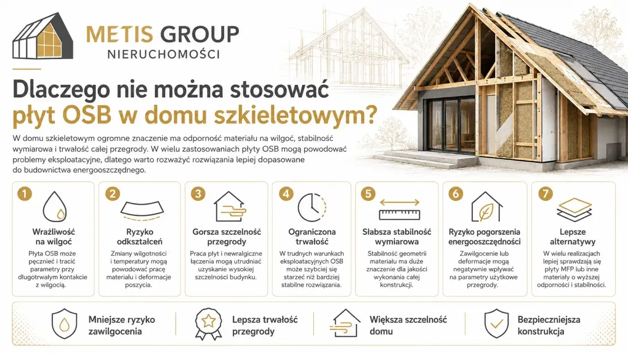 Dom szkieletowy z widocznym przekrojem ścian, ukazujący izolację i konstrukcję. Grafika omawia wady płyt OSB w budownictwie energooszczędnym.