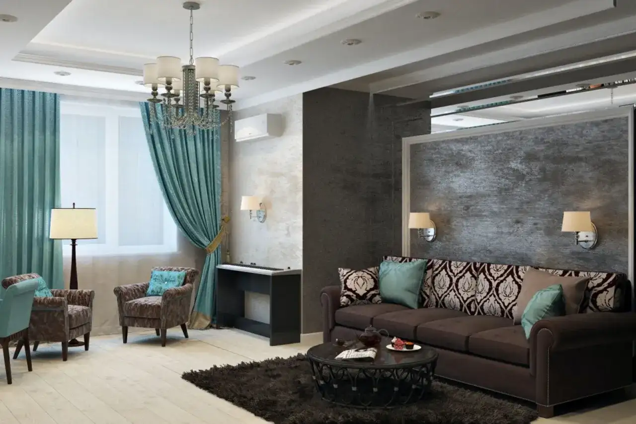 Elegancki salon z wygodną kanapą i fotelami, idealny na inwestycję w mieszkanie na wynajem.