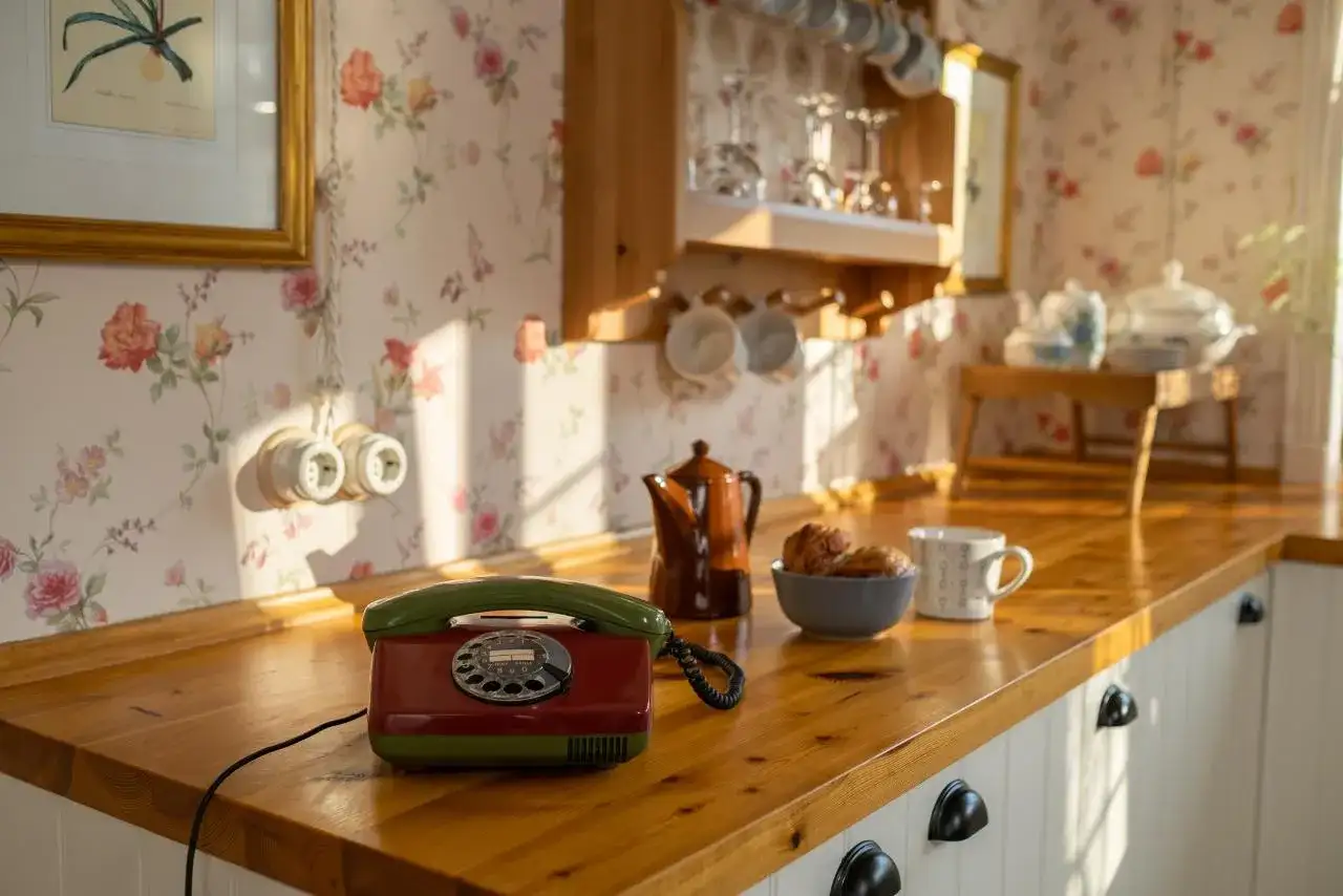 Urocza kuchnia w stylu retro z tapetą w kwiaty, drewnianym blatem i czerwono-zielonym telefonem.