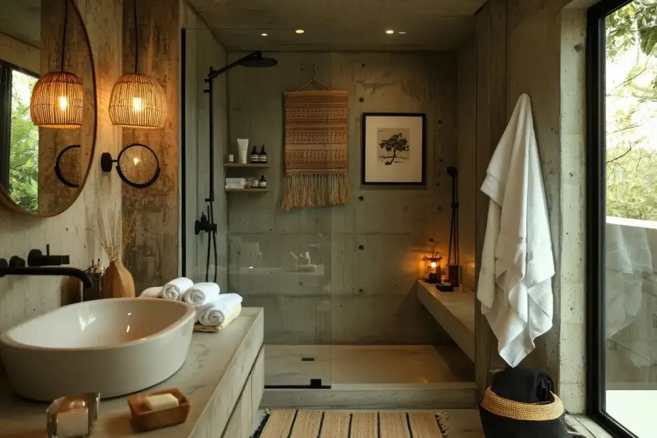 Nowoczesna łazienka loft z betonowymi ścianami, owalną umywalką, prysznicem walk-in i wiklinowymi lampami.