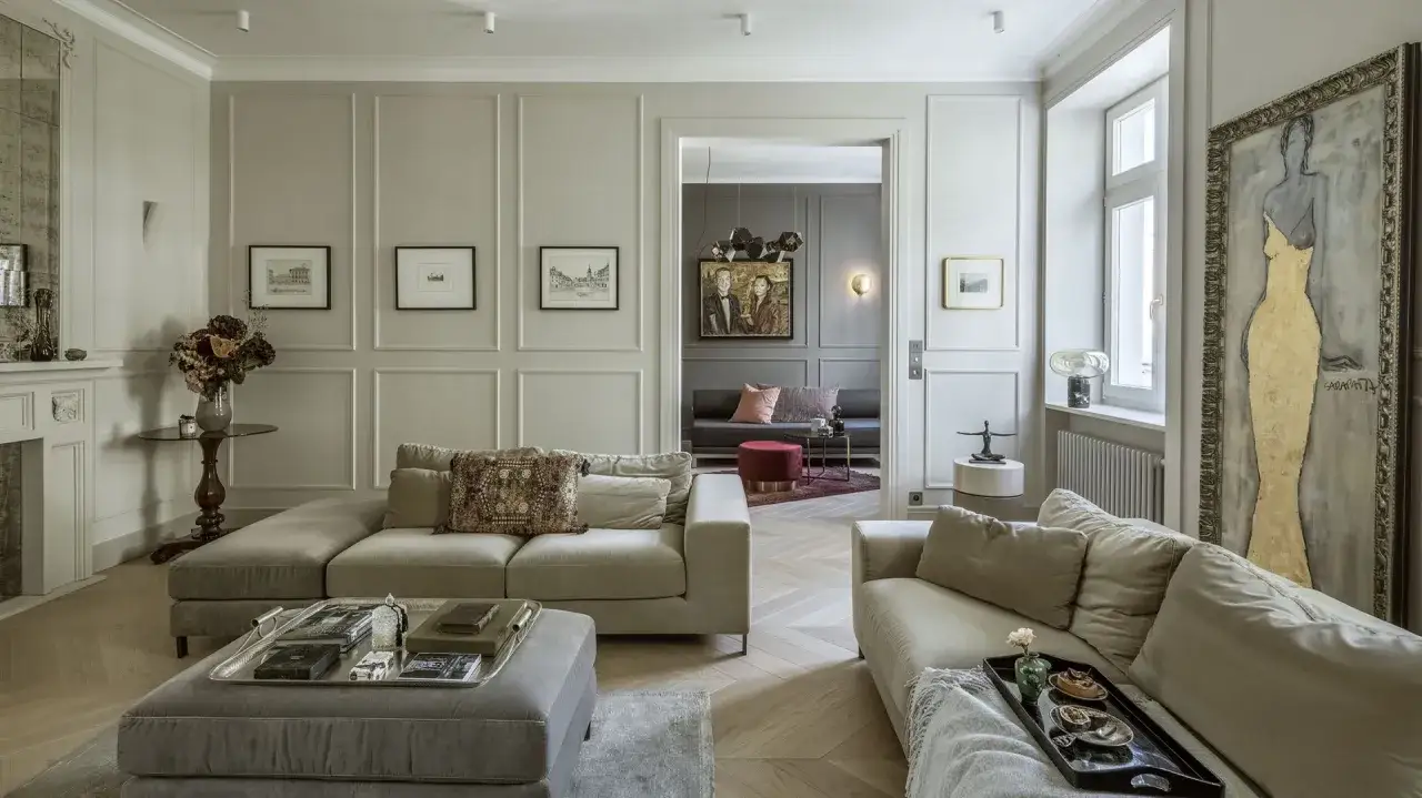 Elegancki salon w stylu dom art deco z wygodnymi sofami, stylowymi obrazami i ozdobnym kominkiem.