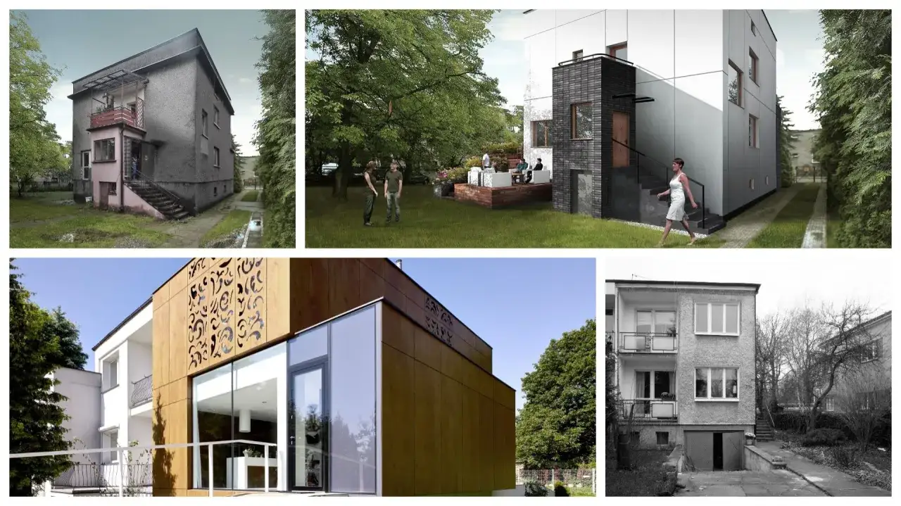 Kolaż prezentuje projekty domów z lat 80. i współczesne adaptacje, pokazując ewolucję architektury mieszkaniowej.