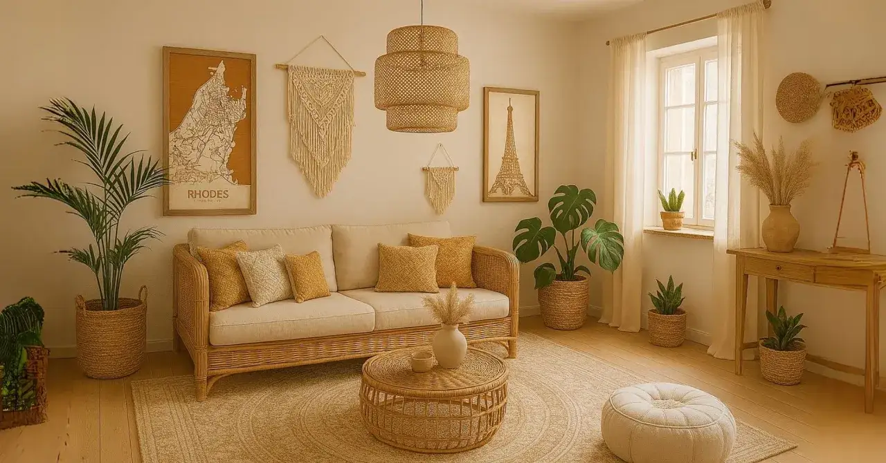 Przytulny salon w stylu boho z wiklinową sofą, makramami i mapą Rodos.