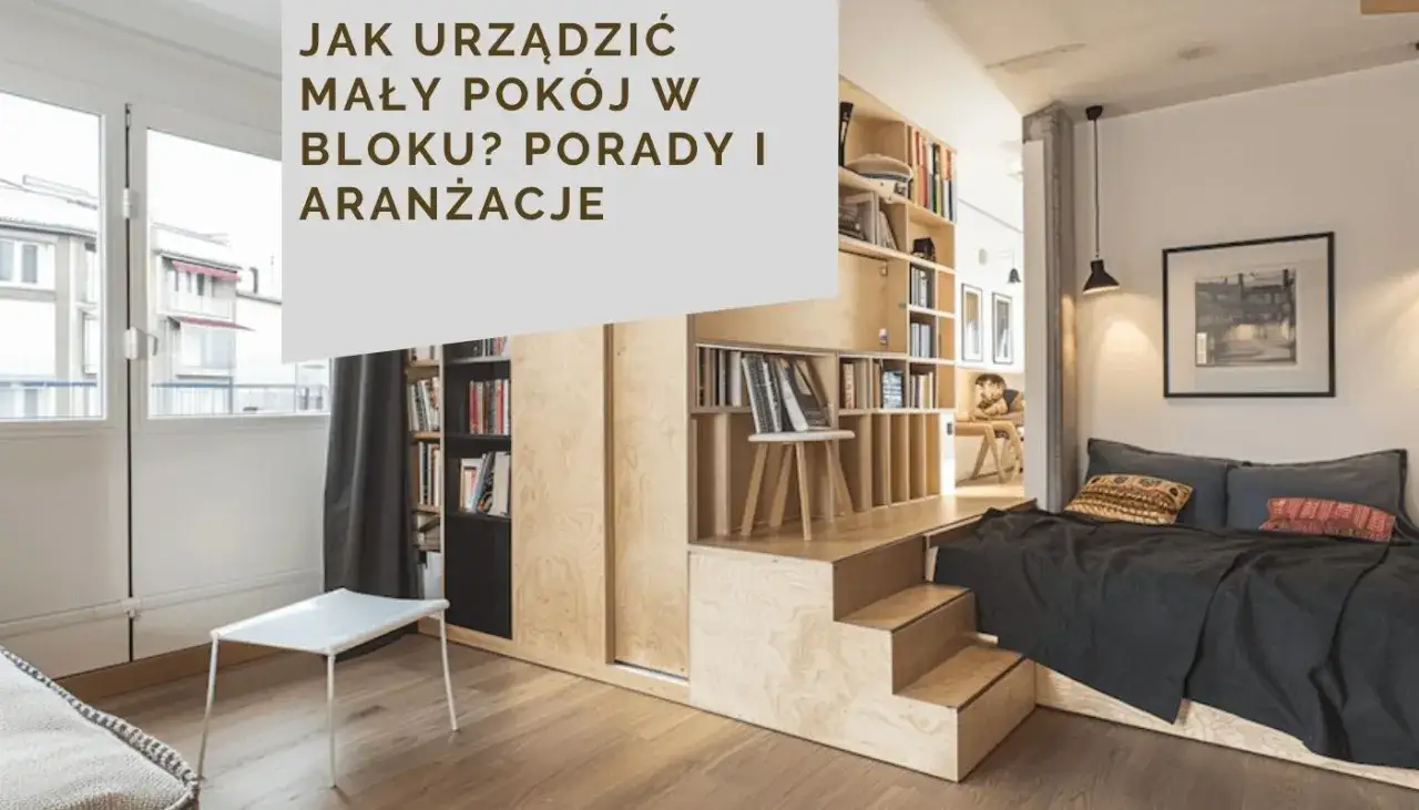 Projekt pokoju w bloku: funkcjonalne schody z miejscem do przechowywania, łóżko z poduszkami, regały z książkami i mały stolik.