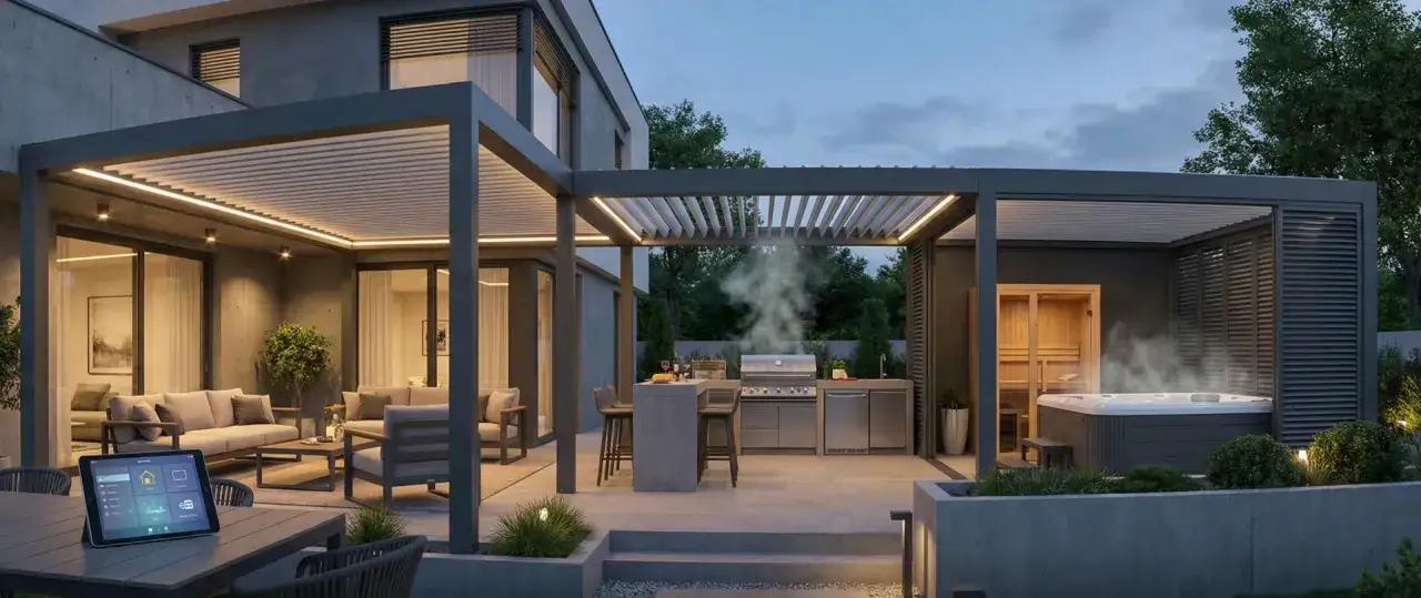 Nowoczesna pergola w ogrodzie: strefa relaksu z jacuzzi i sauną, kuchnia letnia i salon. Inspiracje na taras.