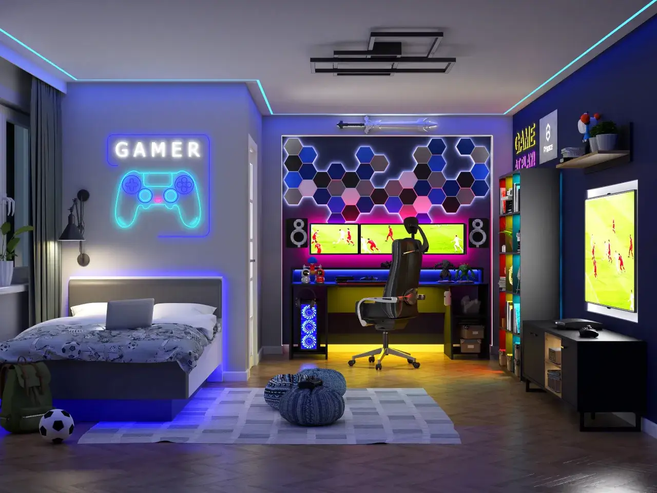 Pok&oacute;j młodzieżowy dla chłopaka: niebieskie i fioletowe kolory, neonowy napis GAMER, ł&oacute;żko, biurko gamingowe z monitorami, piłka nożna.