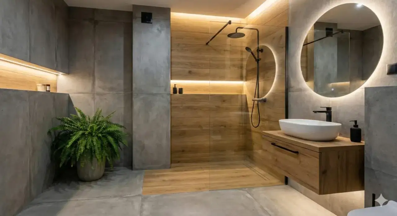 Nowoczesna łazienka loft z betonem, drewnem i oświetleniem LED. Prysznic walk-in, umywalka nablatowa i okrągłe lustro tworzą stylową przestrzeń.