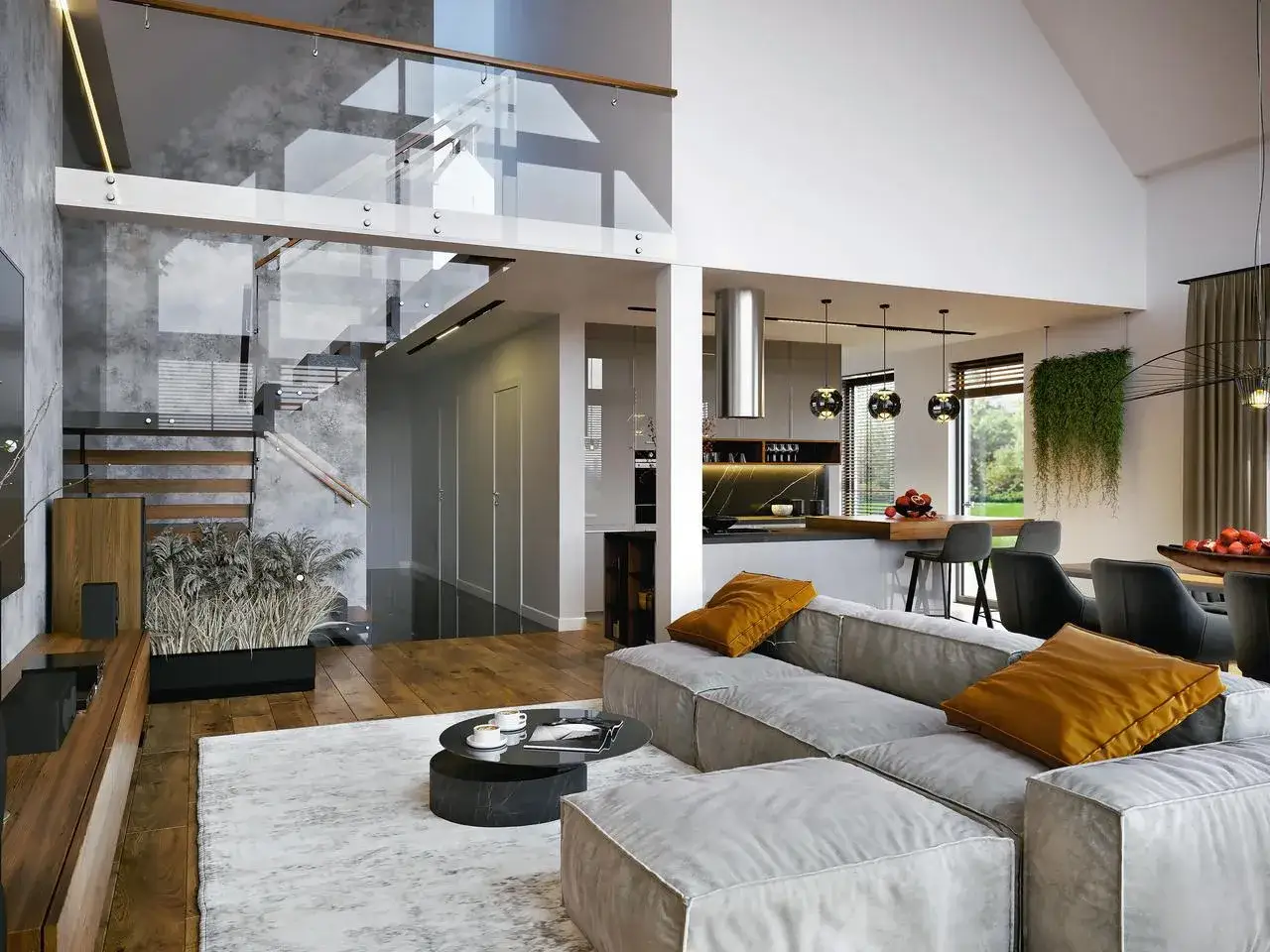 Nowoczesny salon z kuchnią w stylu homekoncept 60. Szara sofa, szklane schody, drewniane elementy i designerskie oświetlenie tworzą przytulną atmosferę.