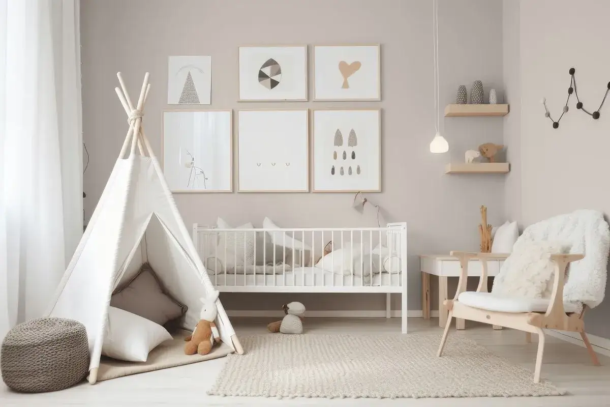 Przytulny pokoik dla niemowlaka z białym łóżeczkiem, namiotem tipi i pluszakami. Ściany zdobią subtelne grafiki.