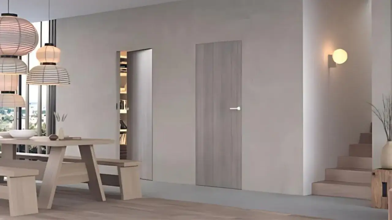 Minimalistyczne wnętrze z drewnianymi meblami i drzwiami. Jedne drzwi są ukryte w ścianie, drugie, z pionowymi lamelkami, są subtelnie zaznaczone.