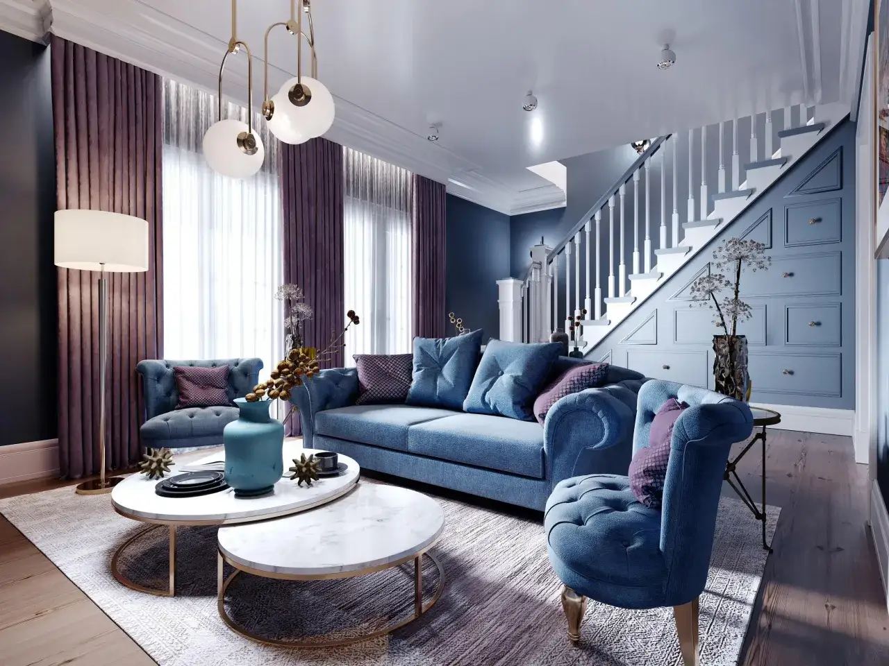 Elegancki salon w stylu dom art deco z niebieskimi sofami, marmurowymi stolikami i schodami.