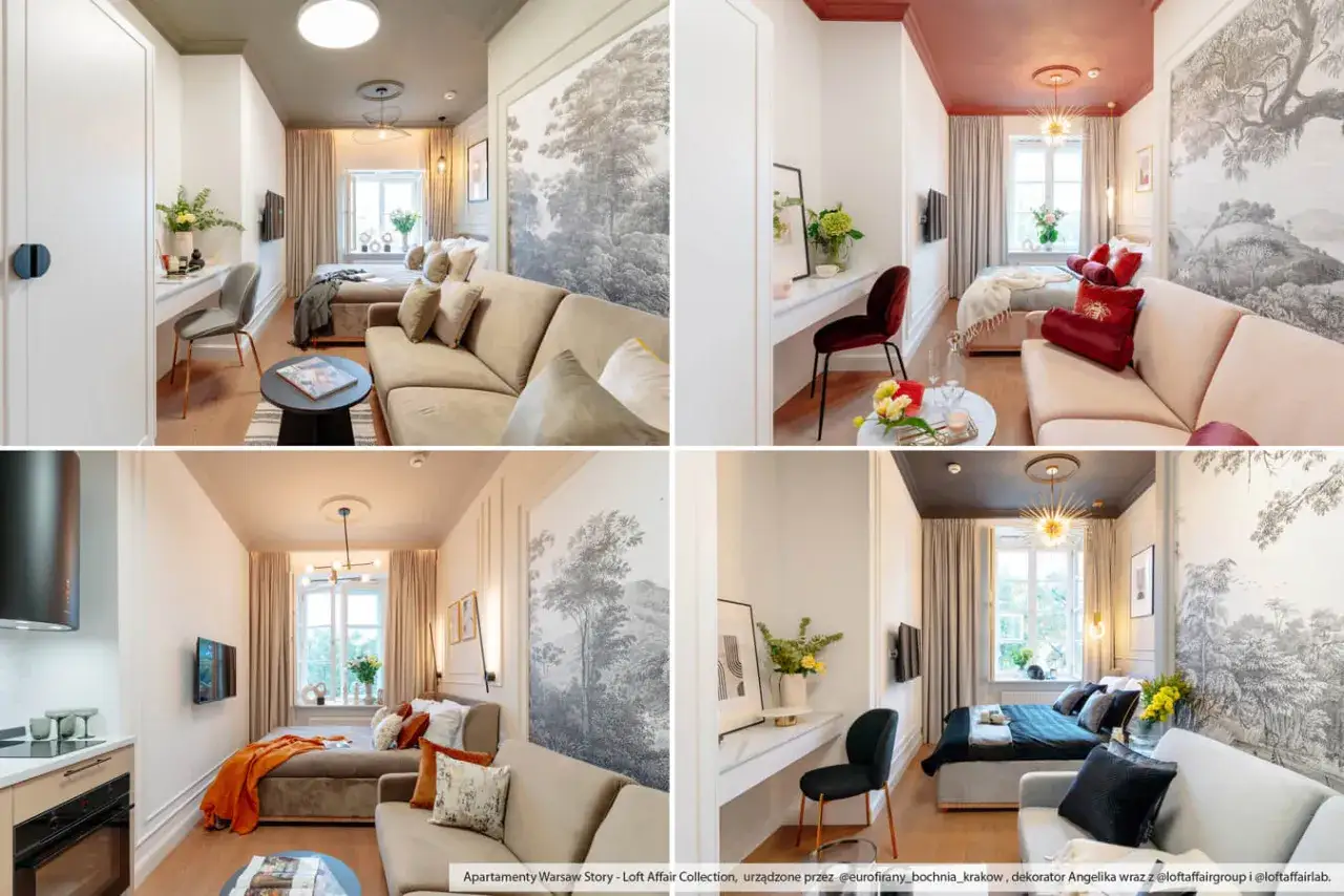 Elegancka zabudowa wąskiego pokoju: sofa, łóżko, biurko i duży obraz tworzą funkcjonalną przestrzeń.
