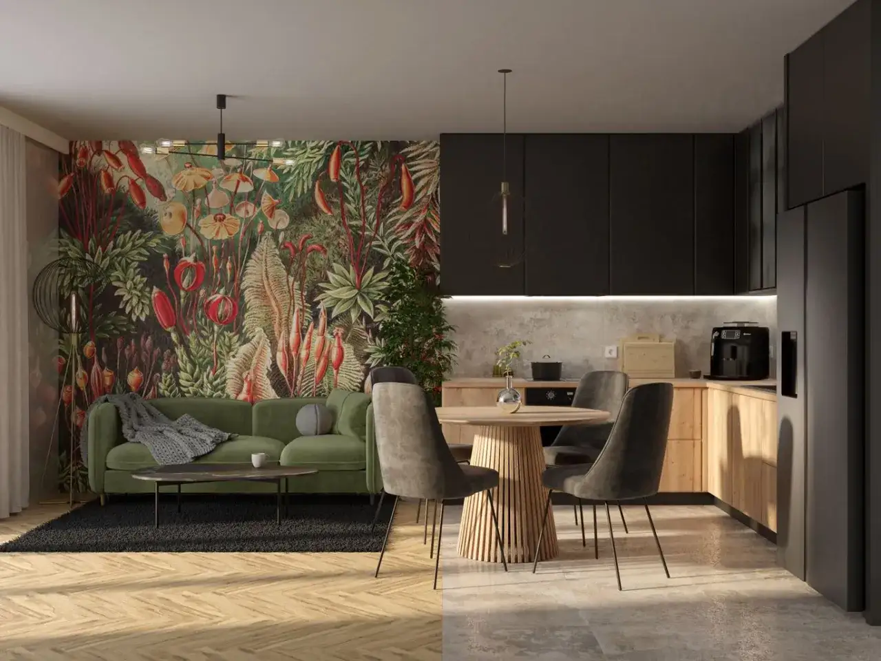 Nowoczesny projekt mieszkania 45m2 z wyrazistą tapetą w dżunglę, zieloną sofą i czarną kuchnią.