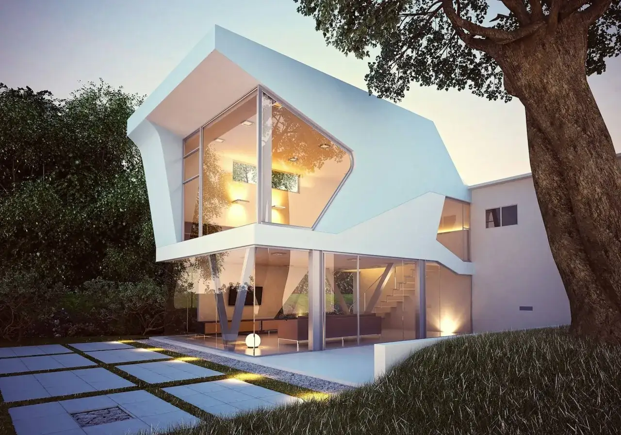 Super nowoczesne domy z wielkimi oknami, wtopione w zieleń. Architektura przyszłości.