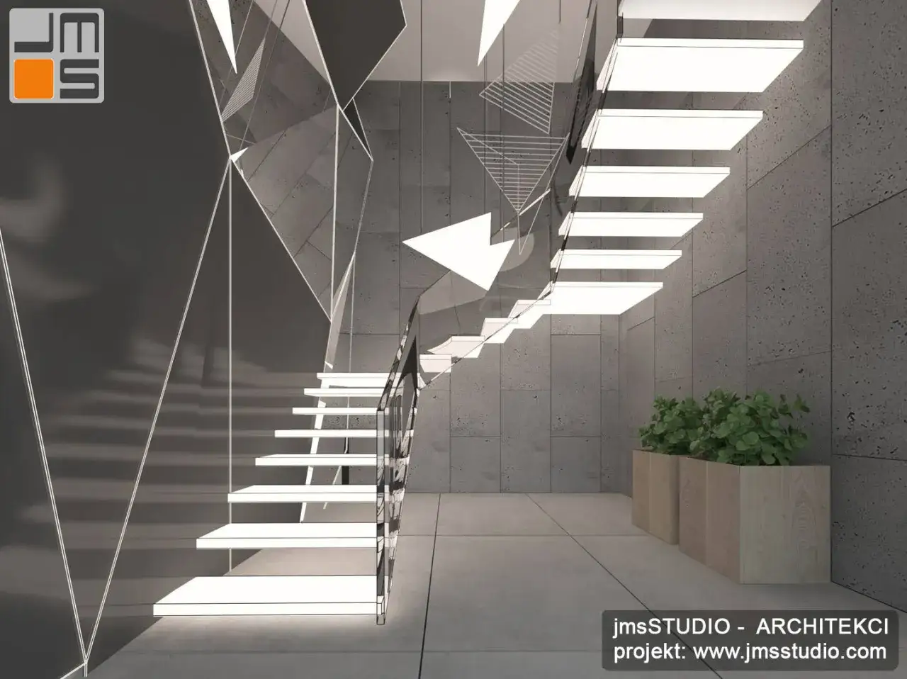 Nowoczesna klatka schodowa projekt: białe, podświetlane stopnie, szklana balustrada i geometryczne dekoracje tworzą futurystyczną przestrzeń.