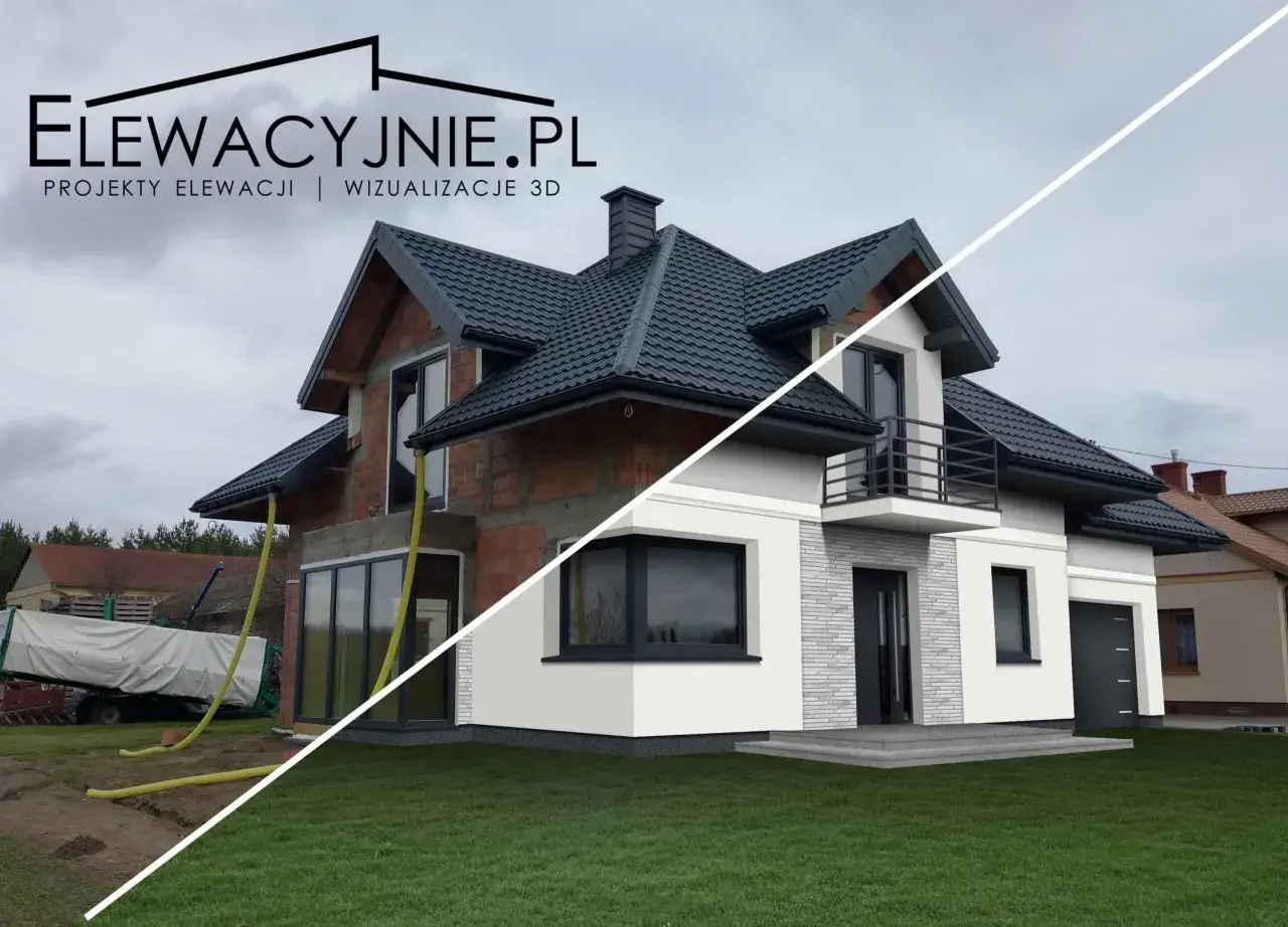 Porównanie domu w budowie z wizualizacją nowoczesnych elewacji. Po lewej widać cegłę i żółte rury, po prawej gotowy, otynkowany budynek z kamiennymi detalami.