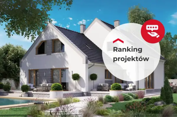 Nowoczesny dom wielopokoleniowy z basenem i zadbanym ogrodem. W tle okrągły element z napisem "Ranking projektów" i ikonką gwiazdek.