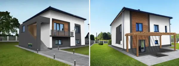 Nowoczesne elewacje z drewnianymi akcentami i szarymi detalami, tworzące elegancki design domu.