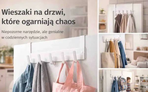 Pomysł na wieszak w przedpokoju: biały, wielohaczykowy wieszak na drzwi, który pomieści kurtki, torby i ręczniki, porządkując przestrzeń.