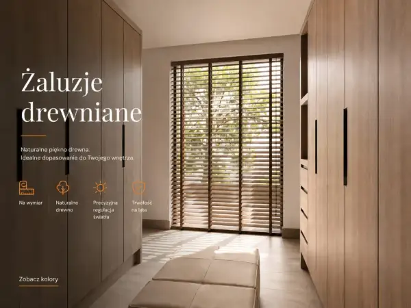 Eleganckie żaluzje drewniane w aranżacji nowoczesnego wnętrza. Naturalne drewno i precyzyjna regulacja światła.