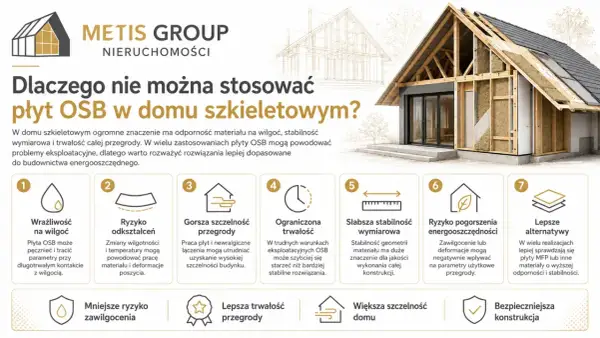 Dom szkieletowy z widocznym przekrojem ścian, ukazujący izolację i konstrukcję. Grafika omawia wady płyt OSB w budownictwie energooszczędnym.