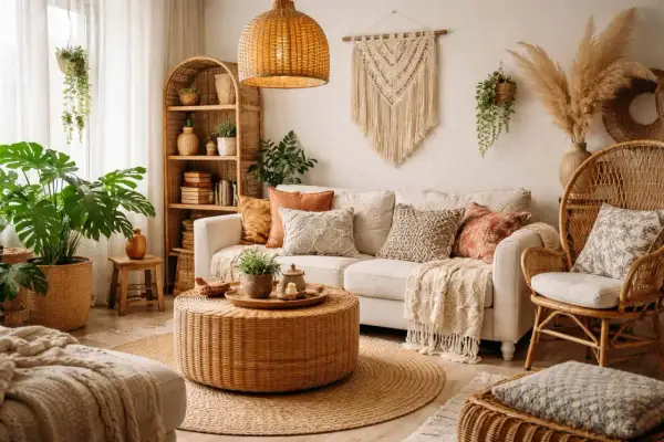 Przytulne wnętrza boho inspiracje: pleciony stolik, sofa z poduszkami, wiklinowe meble i mnóstwo zieleni tworzą relaksującą atmosferę.