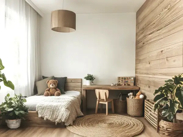 Przytulny pokój dziecka z drewnianymi meblami i naturalnymi dekoracjami. Miś na łóżku, kosze z zabawkami i rośliny tworzą ciepłą atmosferę.