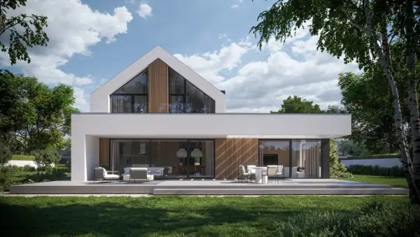 Nowoczesny dom projekt z dużymi przeszkleniami i tarasem. Biała bryła, drewniane akcenty, otoczony zielenią.