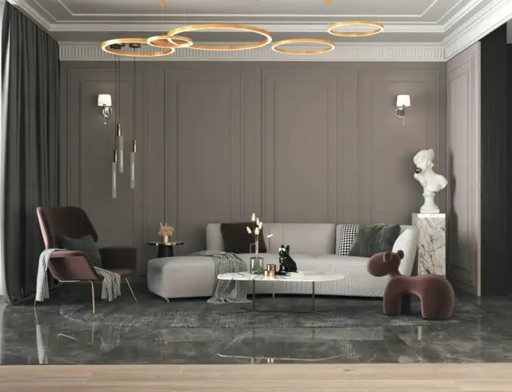 Nowoczesny salon z sofą, fotelem i stolikiem kawowym. Mieszanka stylów: klasyczne panele ścienne, nowoczesne oświetlenie i designerskie meble.